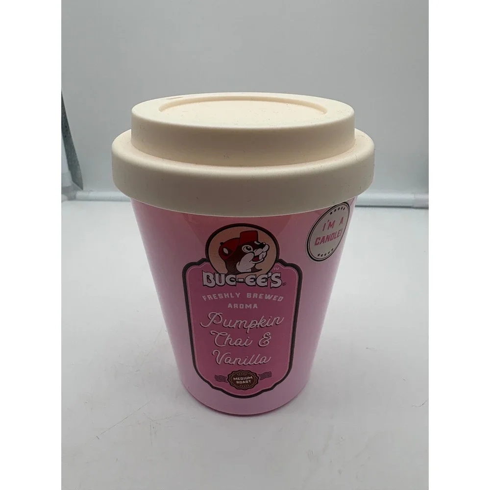 Buc-ee's Pumpkin Chai & Vanilla Coffee Cup Candle Scented Travel Mug Shape Pink